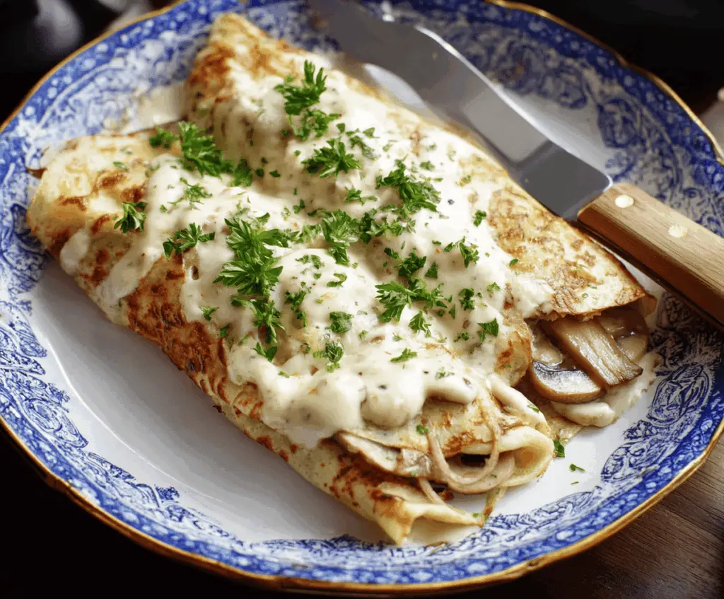 Chicken and mushroom crepe bake