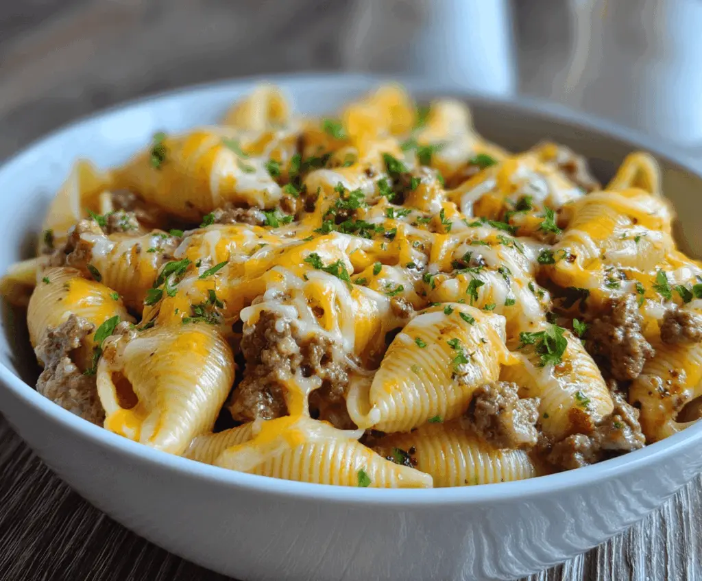 Crockpot Cheesy Ranch Beef Pasta Shells