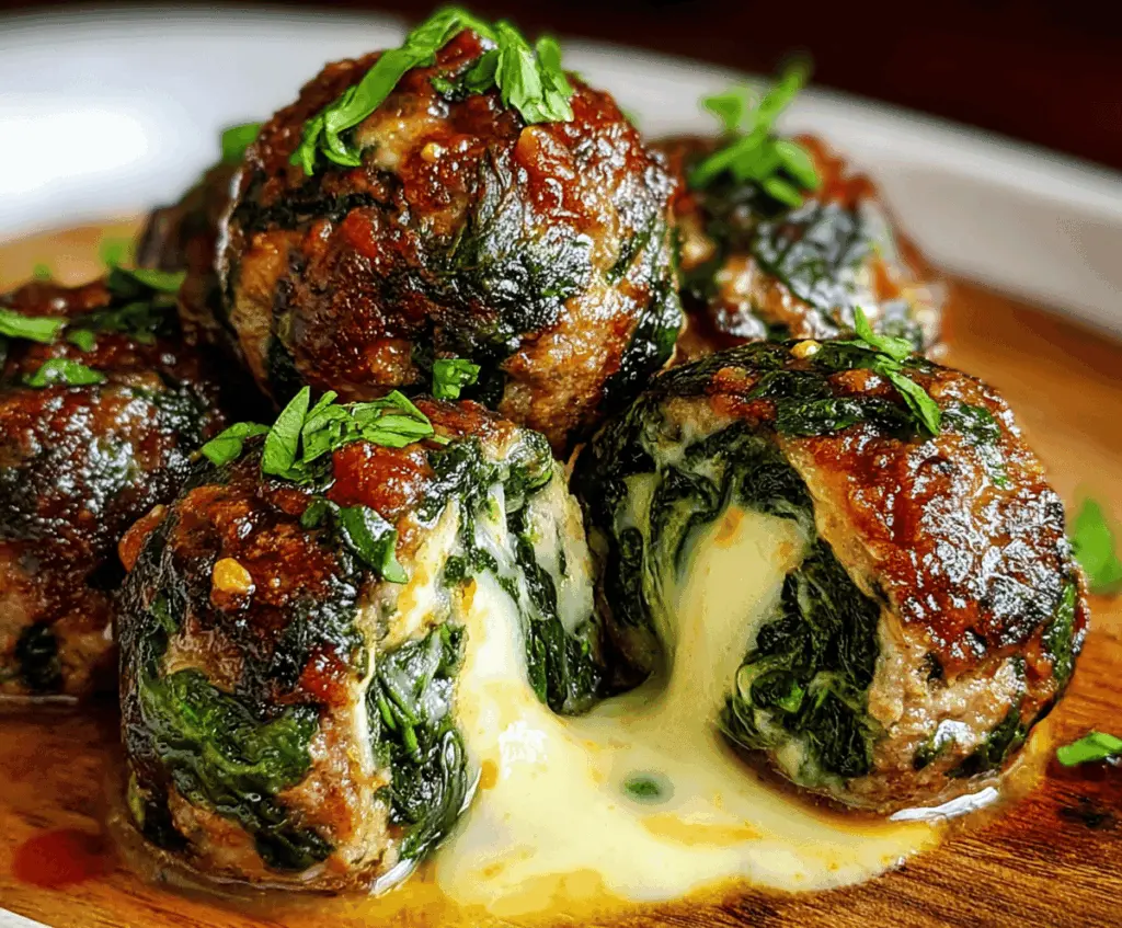 Spinach Garlic Meatballs Stuffed with Mozzarella